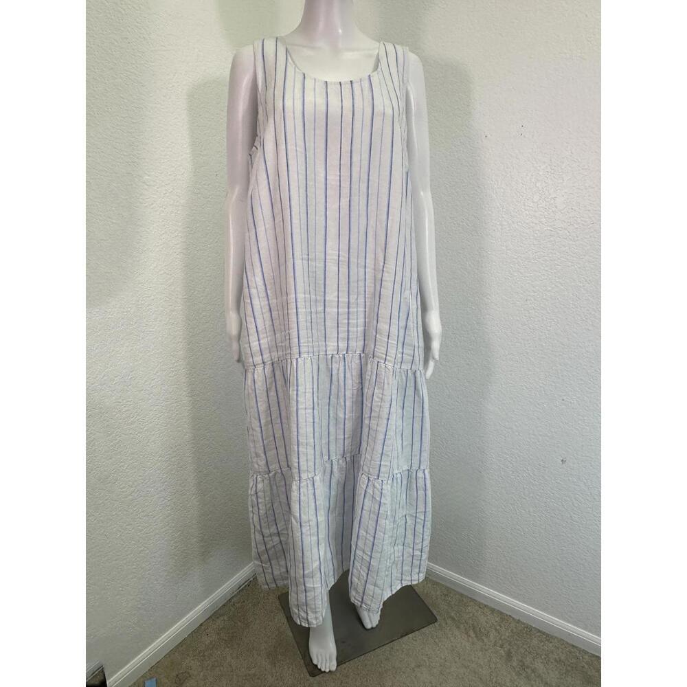 Sz L Petite J Jill Love Linen Blue White Striped Tiered Maxi Dress Summer